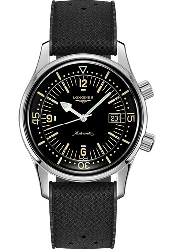 Longines Legend Diver Watch Watch - 42 mm Steel Case - Black Arabic Dial - Black Rubber Strap