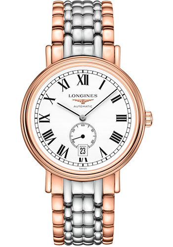 Longines Présence Small Seconds Automatic Watch - 40 mm Steel And Red PVD Case - White Roman Dial - Bracelet