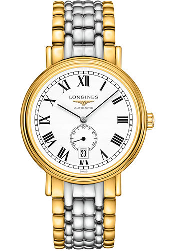 Longines Présence Small Seconds Automatic Watch - 40 mm Steel And Yellow PVD Case - White Roman Dial - Bracelet