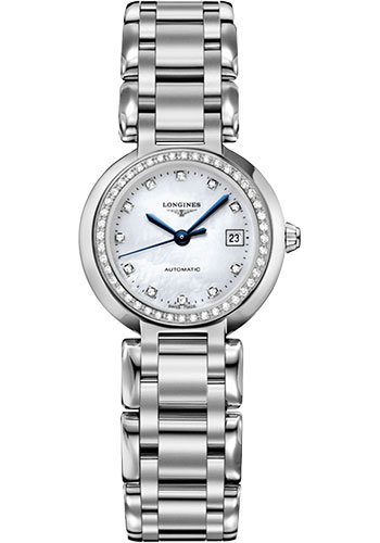 Longines PrimaLuna Automatic Watch - 26.5 mm Steel Diamond Case - White Mother-Of-Pearl Diamond Dial