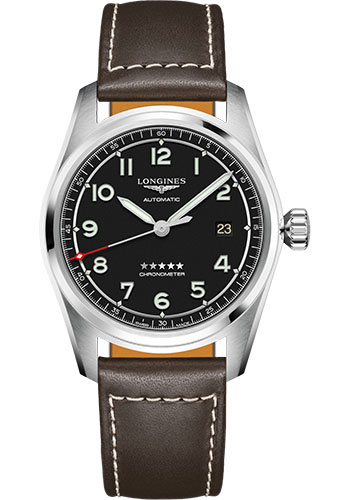 Longines Spirit Automatic Watch - 40 mm Steel Case - Black Arabic Dial - Brown Leather Strap