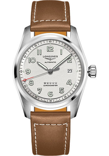 Longines Spirit Automatic Watch - 40 mm Steel Case - Silver Arabic Dial - Brown Leather Strap