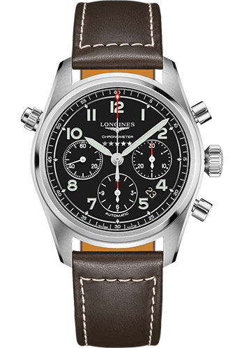 Longines Spirit Chronograph Automatic Watch - 42 mm Steel Case - Black Arabic Dial - Brown Leather Strap