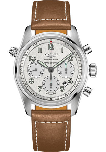Longines Spirit Chronograph Automatic Watch - 42 mm Steel Case - Silver Arabic Dial - Brown Leather Strap
