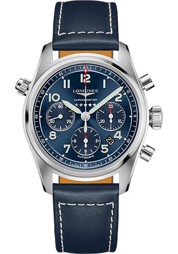 Longines Spirit Chronograph Automatic Watch - 42 mm Steel Case - Blue Arabic Dial - Blue Leather Strap