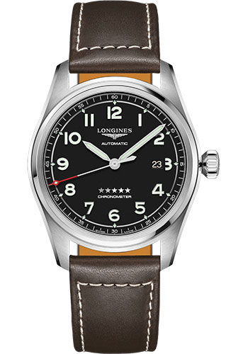 Longines Spirit Automatic Watch - 42 mm Steel Case - Black Arabic Dial - Brown Leather Strap
