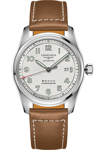 Longines Spirit Automatic Watch - 42 mm Steel Case - Silver Arabic Dial - Brown Leather Strap