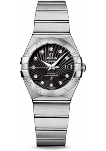 Omega Ladies Constellation Chronometer Watch - 27 mm Brushed Steel Case - Black Supernova Diamond Dial