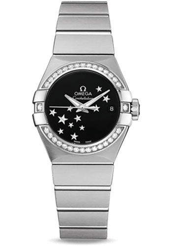 Omega Ladies Constellation Chronometer Watch - 27 mm Brushed Steel Case - Diamond Bezel - Black Dial