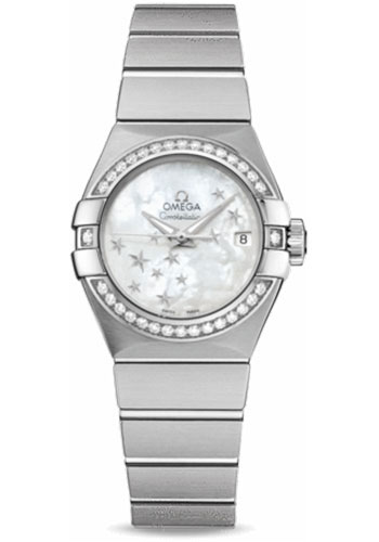 Omega Ladies Constellation Chronometer Watch - 27 mm Brushed Steel Case - Diamond Bezel - Mother-Of-Pearl Dial