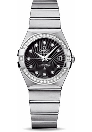 Omega Ladies Constellation Chronometer Watch - 27 mm Brushed Steel Case - Diamond Bezel - Black Supernova Diamond Dial