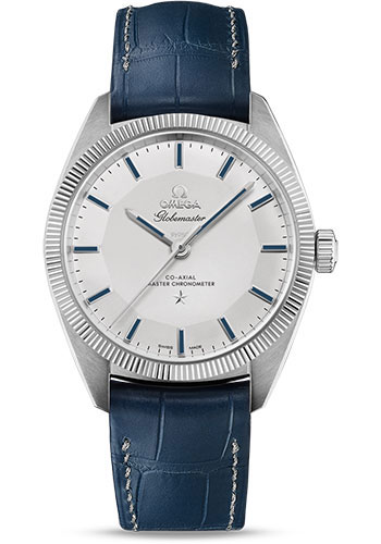 Omega Constellation Globemaster Co-Axial Master Chronometer Limited Edition of 352 Watch - 39 mm 950 Platinum Case - Fluted Bezel - Grey Dial - Blue Leather Strap