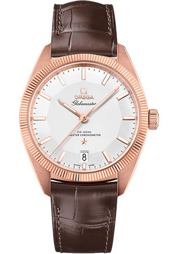 Omega Constellation Globemaster Co-Axial Master Chronometer Watch - 39 mm Sedna Gold Case - Fluted Bezel - Silvery Dial - Brown Leather Strap