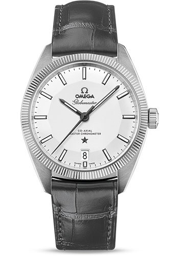 Omega Constellation Globemaster Co-Axial Master Chronometer Watch - 39 mm Steel Case - Fluted Bezel - Silver Dial - Grey Leather Strap