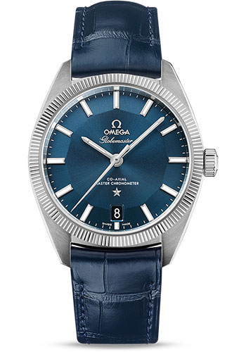 Omega Constellation Globemaster Co-Axial Master Chronometer Watch - 39 mm Steel Case - Fluted Bezel - Blue Dial - Blue Leather Strap