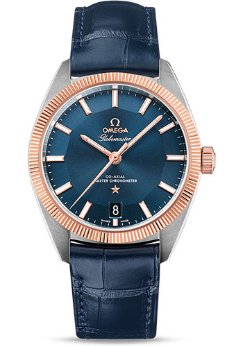 Omega Constellation Globemaster Co-Axial Master Chronometer Watch - 39 mm Steel And Sedna Gold Case - Sedna Gold Fluted Bezel - Blue Dial - Blue Leather Strap