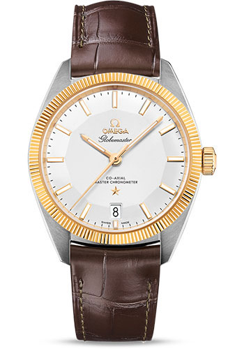 Omega Constellation Globemaster Co-Axial Master Chronometer Watch - 39 mm Steel And Yellow Gold Case - Yellow Gold Fluted Bezel - Silvery Dial - Brown Leather Strap