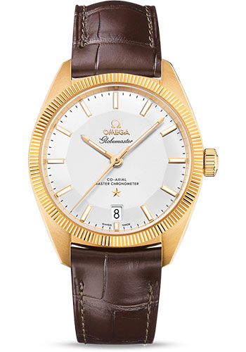 Omega Constellation Globemaster Co-Axial Master Chronometer Watch - 39 mm Yellow Gold Case - Fluted Bezel - Silvery Dial - Brown Leather Strap